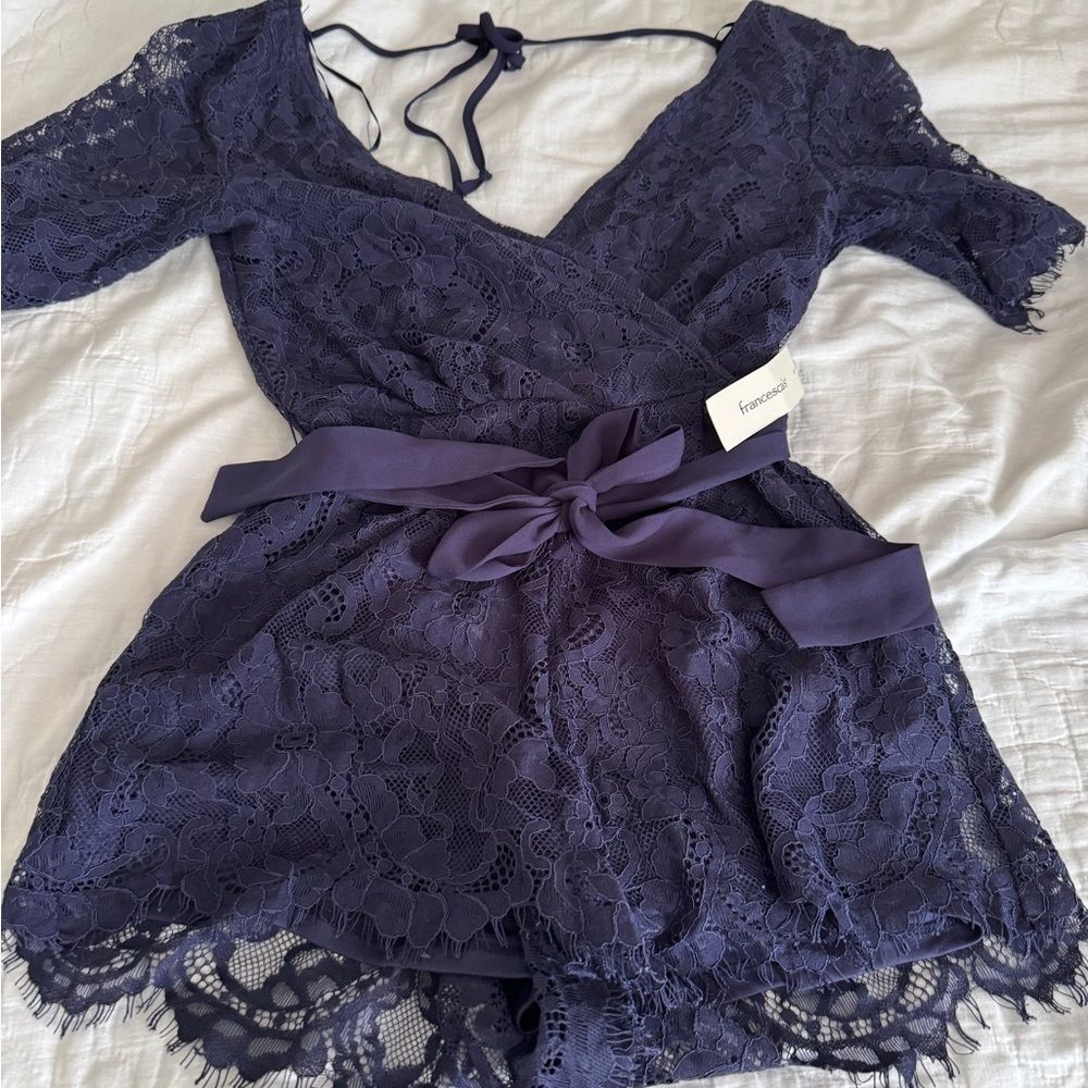 NWT Blue Rain Elegant Navy Lace Romper Short Size XXS